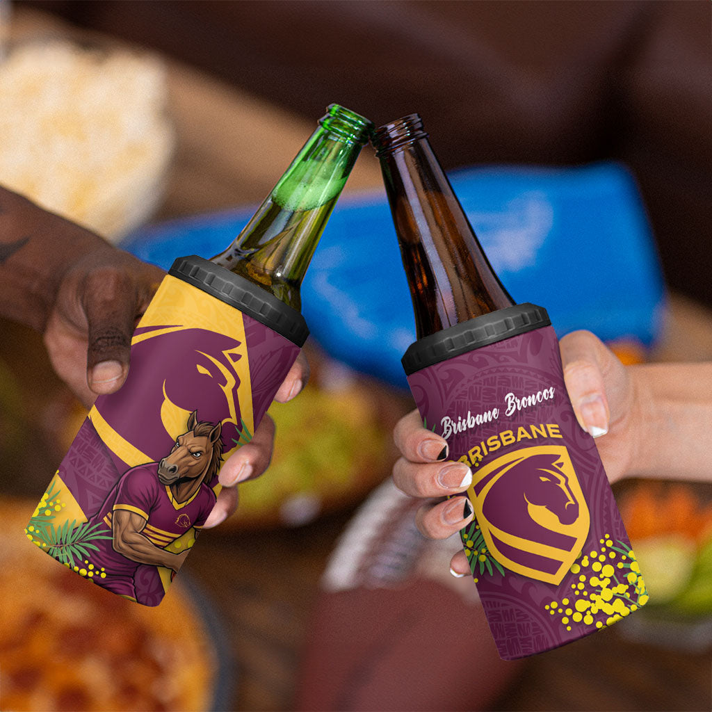 Brisbane Broncos 4 in 1 Can Cooler Tumbler Golden Wattle Floral Polynesian - Australian Flower - Rugby Mascot