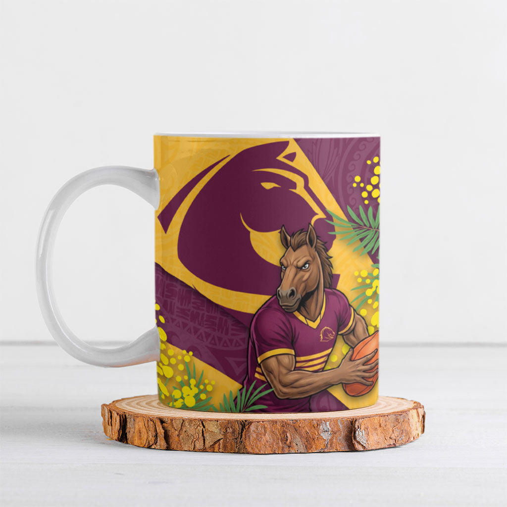 Brisbane Broncos Ceramic Mug Golden Wattle Floral Polynesian - Australian Flower - Rugby Mascot