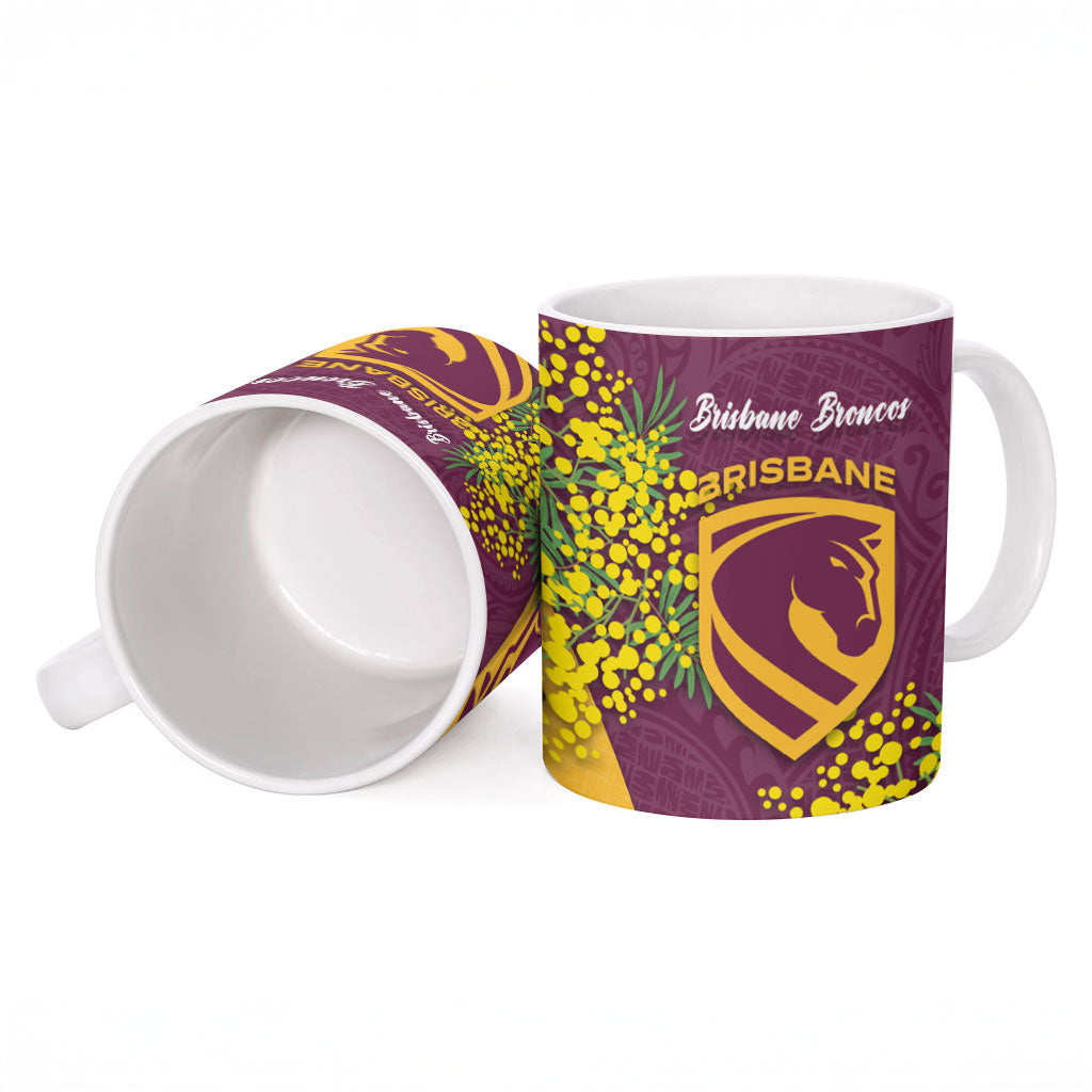 Brisbane Broncos Ceramic Mug Golden Wattle Floral Polynesian - Australian Flower - Rugby Mascot