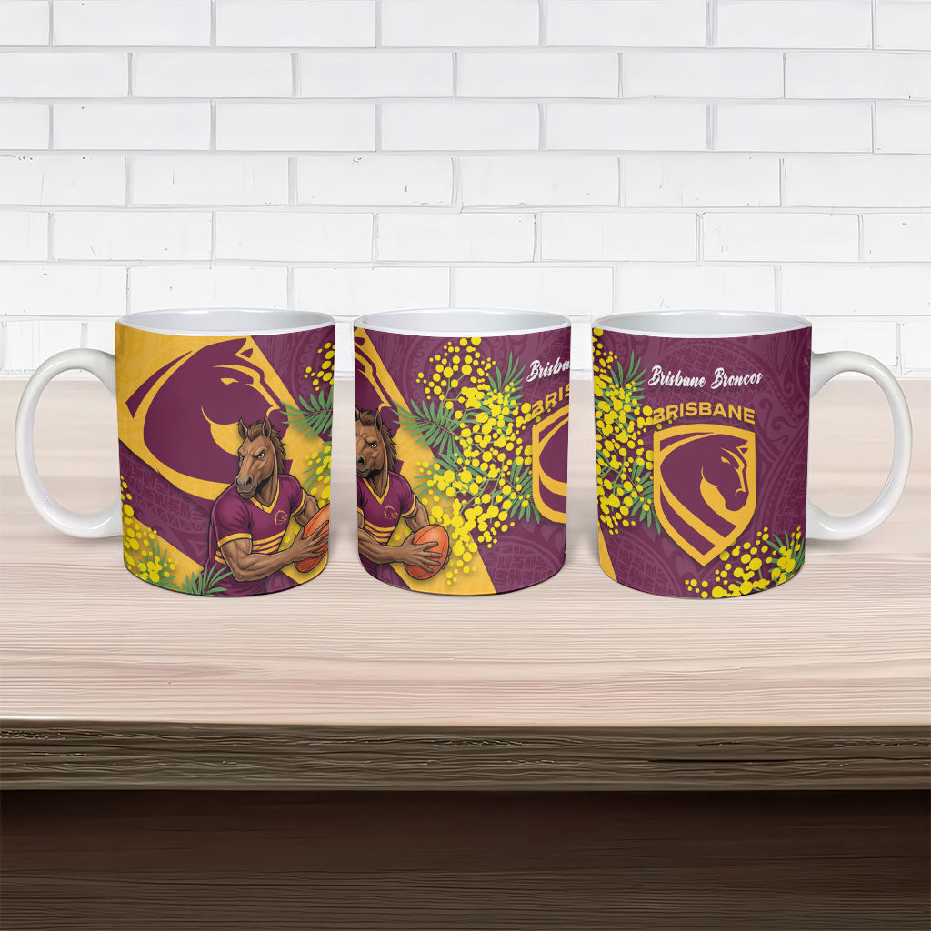 Brisbane Broncos Ceramic Mug Golden Wattle Floral Polynesian - Australian Flower - Rugby Mascot