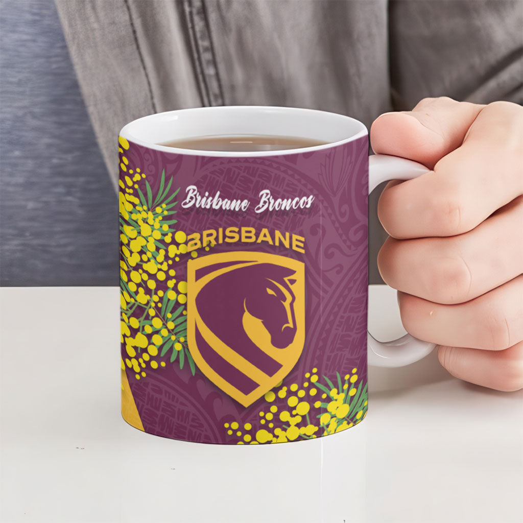 Brisbane Broncos Ceramic Mug Golden Wattle Floral Polynesian - Australian Flower - Rugby Mascot