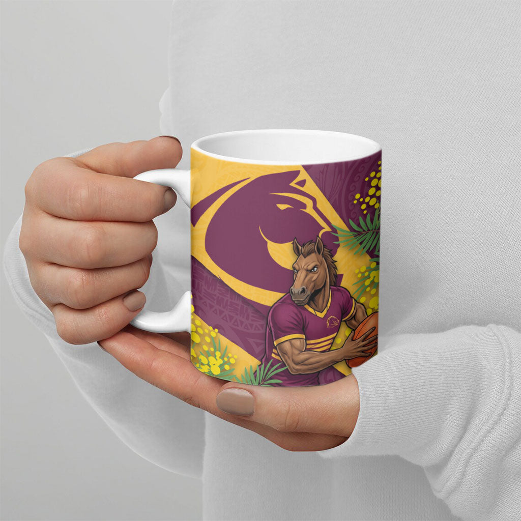 Brisbane Broncos Ceramic Mug Golden Wattle Floral Polynesian - Australian Flower - Rugby Mascot