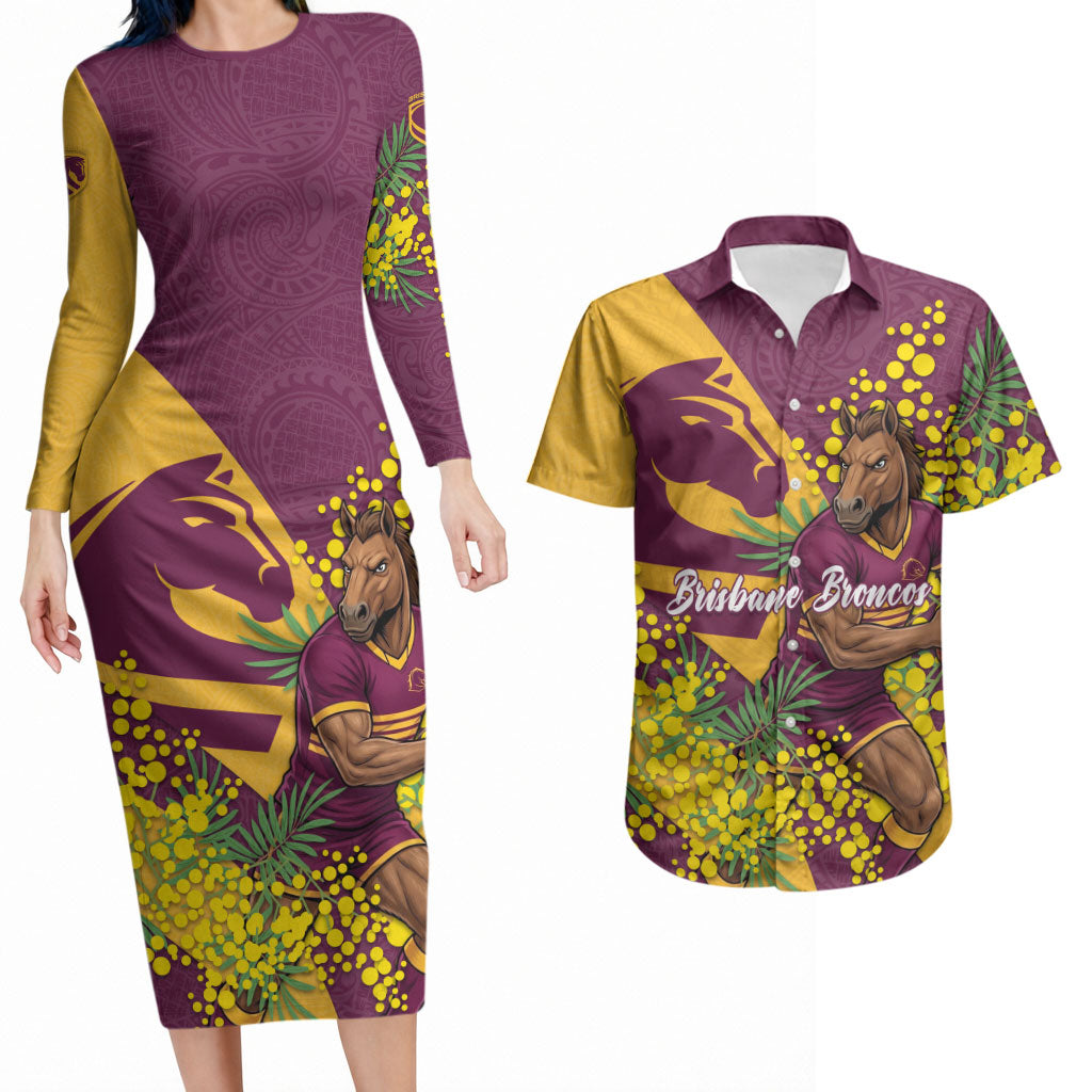 Brisbane Broncos Couples Matching Long Sleeve Bodycon Dress and Hawaiian Shirt Golden Wattle Floral Polynesian - Australian Flower - Rugby Mascot