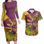 Brisbane Broncos Couples Matching Long Sleeve Bodycon Dress and Hawaiian Shirt Golden Wattle Floral Polynesian - Australian Flower - Rugby Mascot