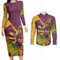 Brisbane Broncos Couples Matching Long Sleeve Bodycon Dress and Long Sleeve Button Shirt Golden Wattle Floral Polynesian - Australian Flower - Rugby Mascot
