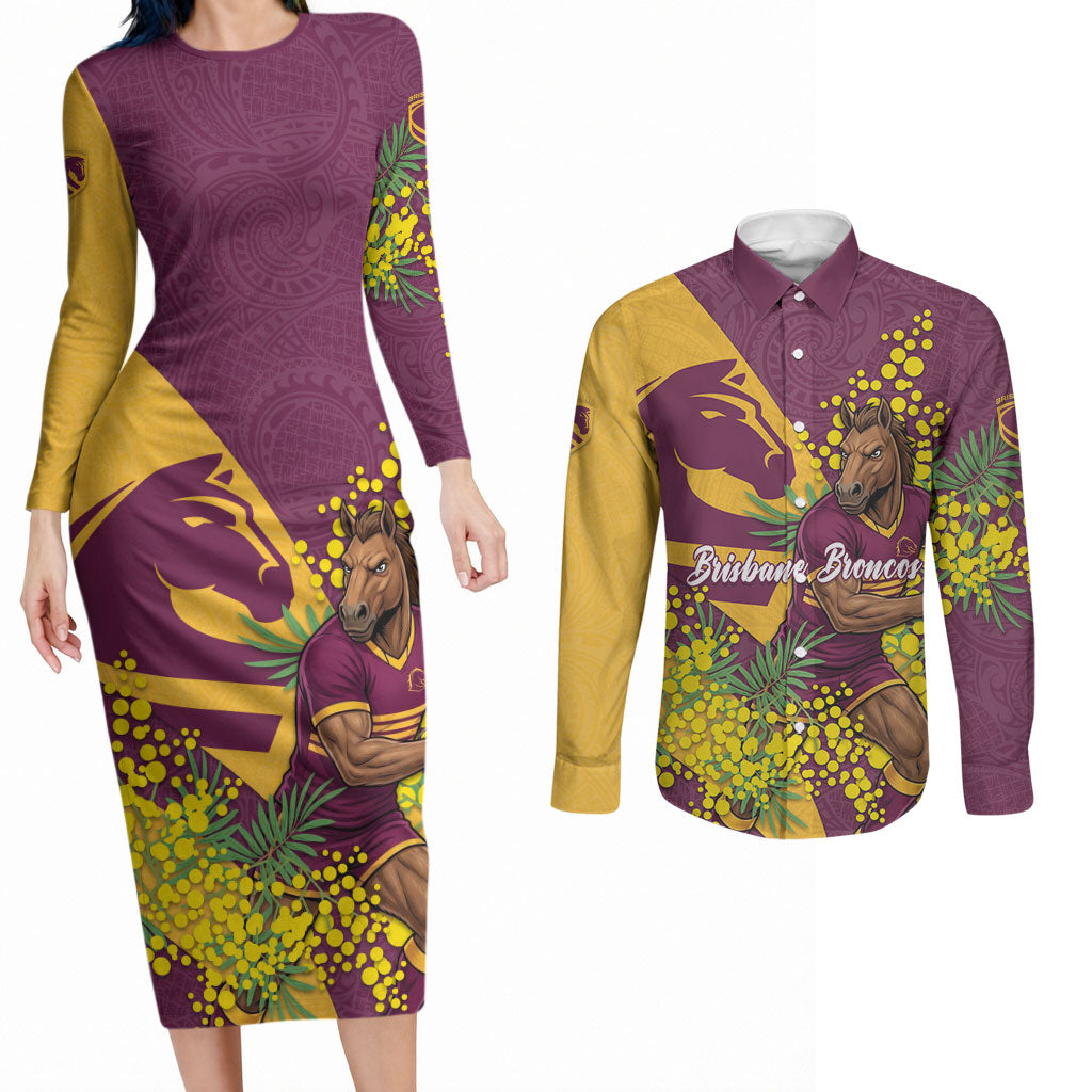 Brisbane Broncos Couples Matching Long Sleeve Bodycon Dress and Long Sleeve Button Shirt Golden Wattle Floral Polynesian - Australian Flower - Rugby Mascot