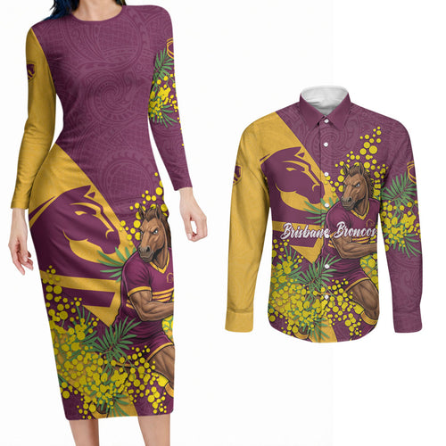 Brisbane Broncos Couples Matching Long Sleeve Bodycon Dress and Long Sleeve Button Shirt Golden Wattle Floral Polynesian - Australian Flower - Rugby Mascot