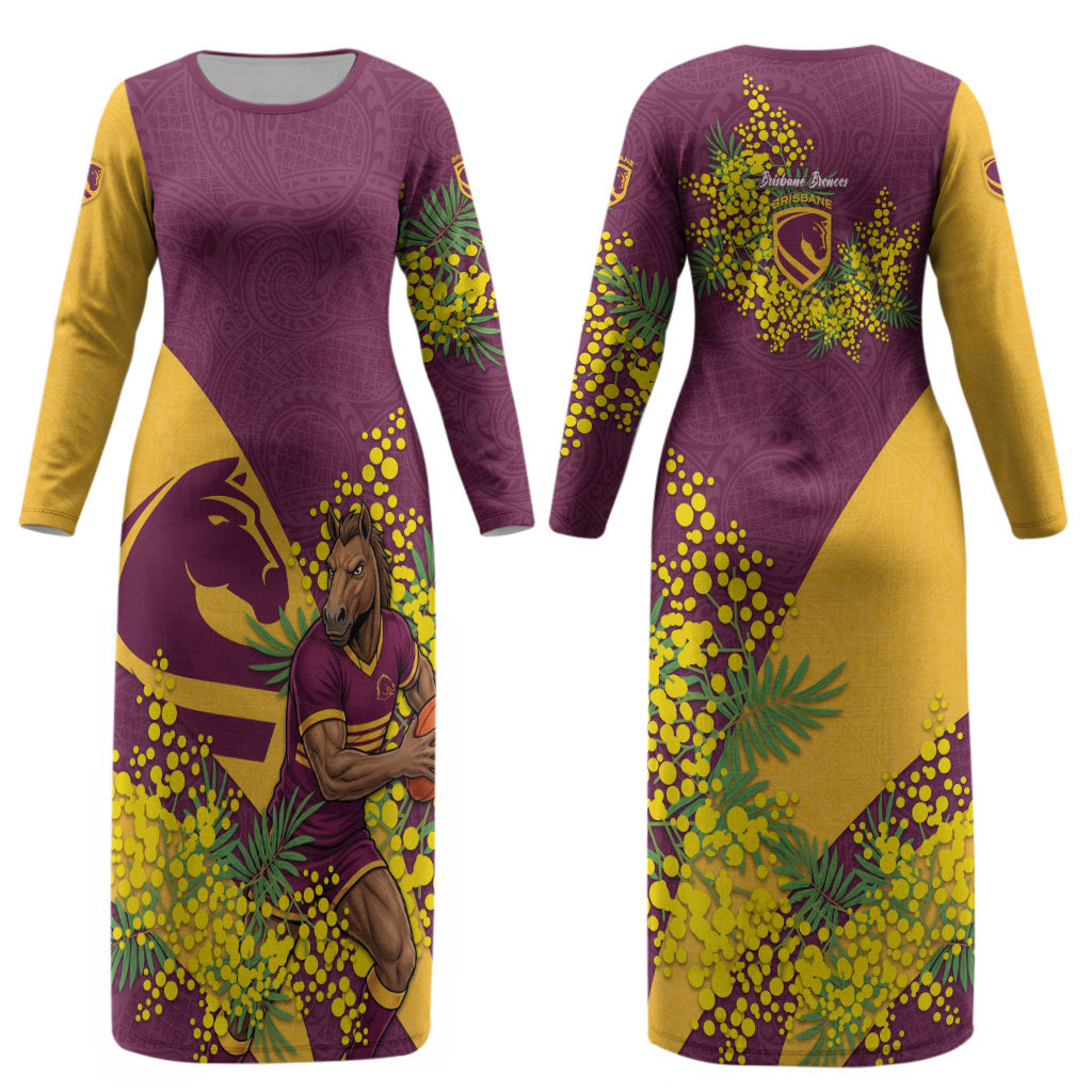 Brisbane Broncos Couples Matching Long Sleeve Bodycon Dress and Long Sleeve Button Shirt Golden Wattle Floral Polynesian - Australian Flower - Rugby Mascot