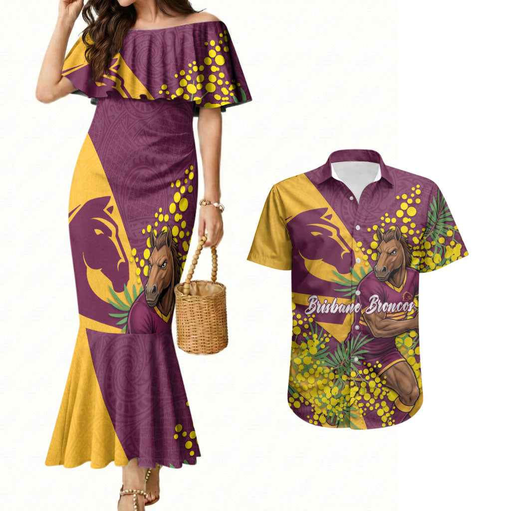 Brisbane Broncos Couples Matching Mermaid Dress and Hawaiian Shirt Golden Wattle Floral Polynesian - Australian Flower - Rugby Mascot