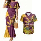 Brisbane Broncos Couples Matching Mermaid Dress and Hawaiian Shirt Golden Wattle Floral Polynesian - Australian Flower - Rugby Mascot