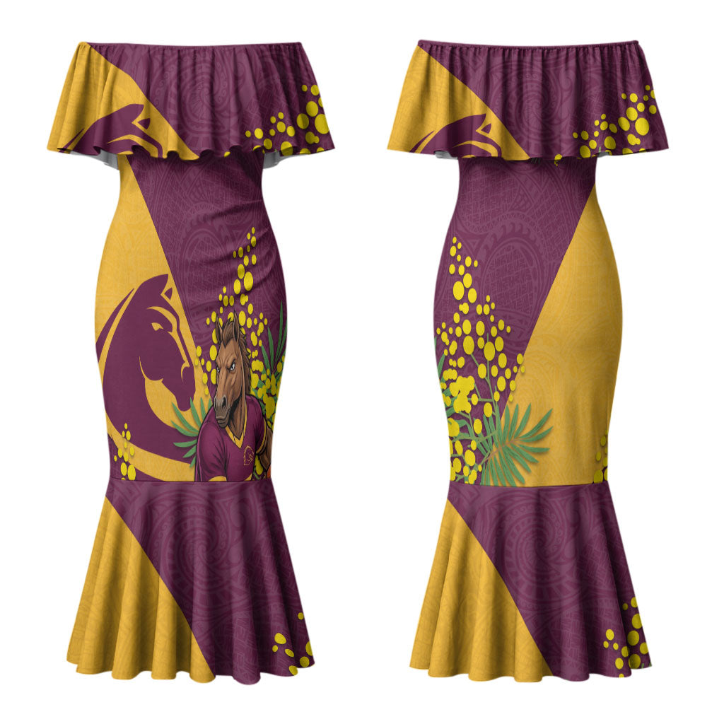 Brisbane Broncos Couples Matching Mermaid Dress and Hawaiian Shirt Golden Wattle Floral Polynesian - Australian Flower - Rugby Mascot