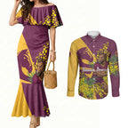 Brisbane Broncos Couples Matching Mermaid Dress and Long Sleeve Button Shirt Golden Wattle Floral Polynesian - Australian Flower - Rugby Mascot