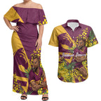 Brisbane Broncos Couples Matching Off Shoulder Maxi Dress and Hawaiian Shirt Golden Wattle Floral Polynesian - Australian Flower - Rugby Mascot