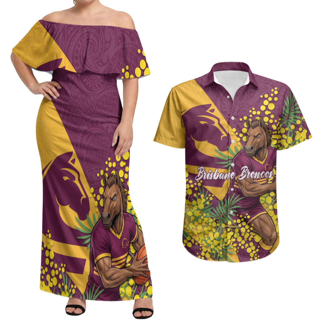Brisbane Broncos Couples Matching Off Shoulder Maxi Dress and Hawaiian Shirt Golden Wattle Floral Polynesian - Australian Flower - Rugby Mascot