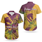 Brisbane Broncos Couples Matching Off Shoulder Maxi Dress and Hawaiian Shirt Golden Wattle Floral Polynesian - Australian Flower - Rugby Mascot