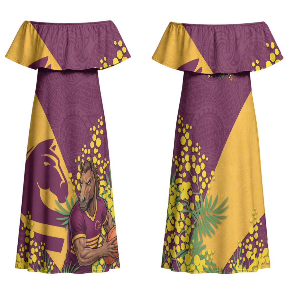 Brisbane Broncos Couples Matching Off Shoulder Maxi Dress and Hawaiian Shirt Golden Wattle Floral Polynesian - Australian Flower - Rugby Mascot