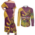 Brisbane Broncos Couples Matching Off Shoulder Maxi Dress and Long Sleeve Button Shirt Golden Wattle Floral Polynesian - Australian Flower - Rugby Mascot