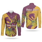 Brisbane Broncos Couples Matching Off Shoulder Maxi Dress and Long Sleeve Button Shirt Golden Wattle Floral Polynesian - Australian Flower - Rugby Mascot