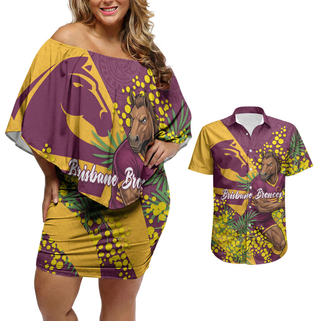 Brisbane Broncos Couples Matching Off Shoulder Short Dress and Hawaiian Shirt Golden Wattle Floral Polynesian - Australian Flower - Rugby Mascot