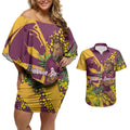 Brisbane Broncos Couples Matching Off Shoulder Short Dress and Hawaiian Shirt Golden Wattle Floral Polynesian - Australian Flower - Rugby Mascot