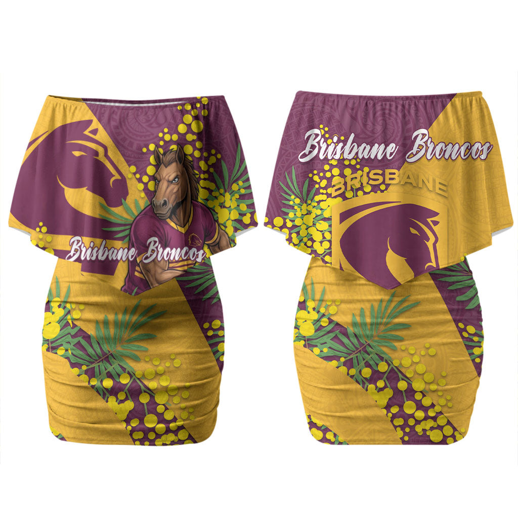Brisbane Broncos Couples Matching Off Shoulder Short Dress and Hawaiian Shirt Golden Wattle Floral Polynesian - Australian Flower - Rugby Mascot
