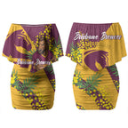 Brisbane Broncos Couples Matching Off Shoulder Short Dress and Hawaiian Shirt Golden Wattle Floral Polynesian - Australian Flower - Rugby Mascot