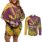 Brisbane Broncos Couples Matching Off Shoulder Short Dress and Long Sleeve Button Shirt Golden Wattle Floral Polynesian - Australian Flower - Rugby Mascot