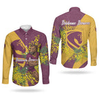 Brisbane Broncos Couples Matching Off Shoulder Short Dress and Long Sleeve Button Shirt Golden Wattle Floral Polynesian - Australian Flower - Rugby Mascot