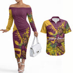 Brisbane Broncos Couples Matching Off The Shoulder Long Sleeve Dress and Hawaiian Shirt Golden Wattle Floral Polynesian - Australian Flower - Rugby Mascot