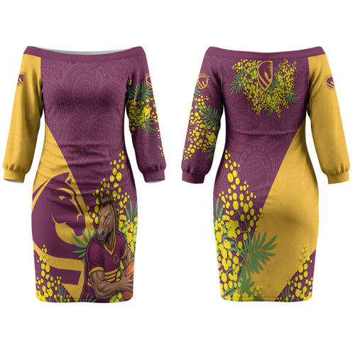 Brisbane Broncos Couples Matching Off The Shoulder Long Sleeve Dress and Hawaiian Shirt Golden Wattle Floral Polynesian - Australian Flower - Rugby Mascot