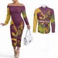 Brisbane Broncos Couples Matching Off The Shoulder Long Sleeve Dress and Long Sleeve Button Shirt Golden Wattle Floral Polynesian - Australian Flower - Rugby Mascot