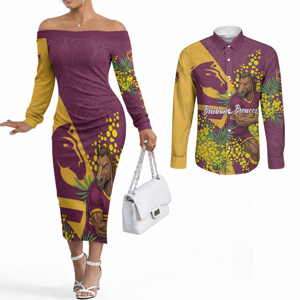 Brisbane Broncos Couples Matching Off The Shoulder Long Sleeve Dress and Long Sleeve Button Shirt Golden Wattle Floral Polynesian - Australian Flower - Rugby Mascot