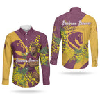 Brisbane Broncos Couples Matching Off The Shoulder Long Sleeve Dress and Long Sleeve Button Shirt Golden Wattle Floral Polynesian - Australian Flower - Rugby Mascot