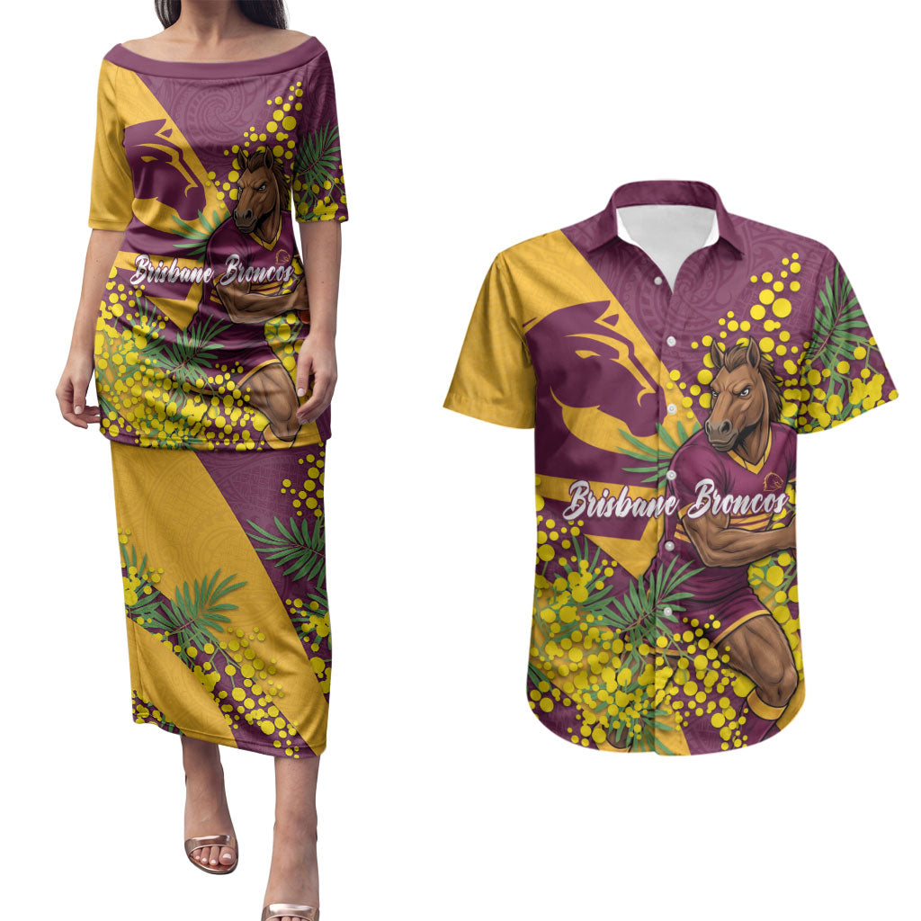 Brisbane Broncos Couples Matching Puletasi and Hawaiian Shirt Golden Wattle Floral Polynesian - Australian Flower - Rugby Mascot