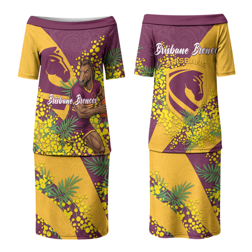 Brisbane Broncos Couples Matching Puletasi and Hawaiian Shirt Golden Wattle Floral Polynesian - Australian Flower - Rugby Mascot