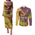 Brisbane Broncos Couples Matching Puletasi and Long Sleeve Button Shirt Golden Wattle Floral Polynesian - Australian Flower - Rugby Mascot