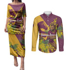 Brisbane Broncos Couples Matching Puletasi and Long Sleeve Button Shirt Golden Wattle Floral Polynesian - Australian Flower - Rugby Mascot