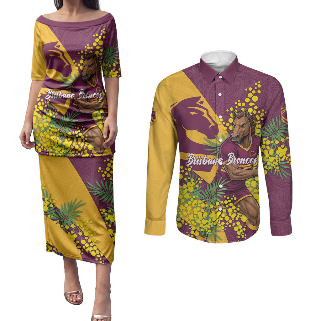 Brisbane Broncos Couples Matching Puletasi and Long Sleeve Button Shirt Golden Wattle Floral Polynesian - Australian Flower - Rugby Mascot