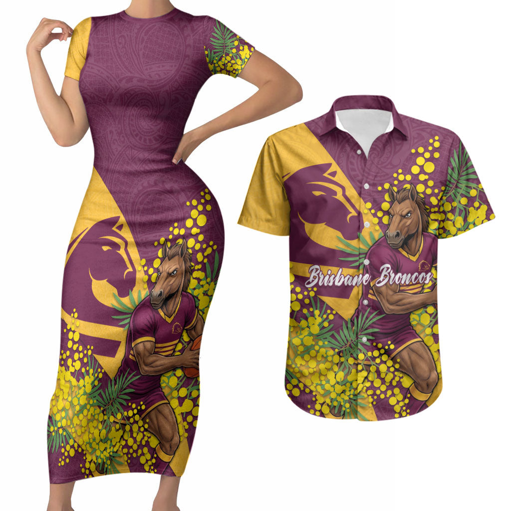 Brisbane Broncos Couples Matching Short Sleeve Bodycon Dress and Hawaiian Shirt Golden Wattle Floral Polynesian - Australian Flower - Rugby Mascot