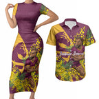 Brisbane Broncos Couples Matching Short Sleeve Bodycon Dress and Hawaiian Shirt Golden Wattle Floral Polynesian - Australian Flower - Rugby Mascot