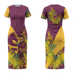 Brisbane Broncos Couples Matching Short Sleeve Bodycon Dress and Hawaiian Shirt Golden Wattle Floral Polynesian - Australian Flower - Rugby Mascot