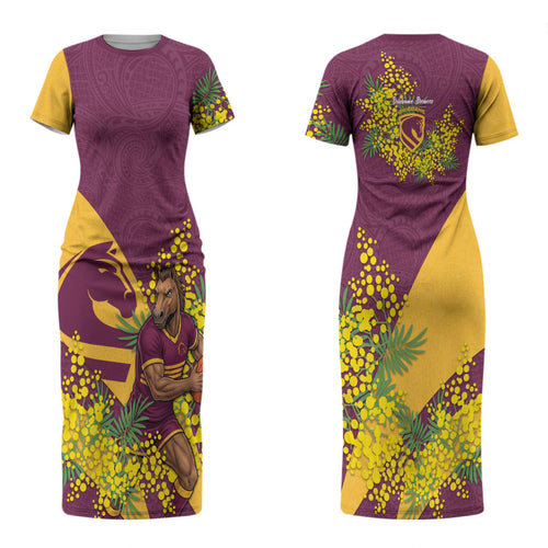 Brisbane Broncos Couples Matching Short Sleeve Bodycon Dress and Hawaiian Shirt Golden Wattle Floral Polynesian - Australian Flower - Rugby Mascot