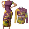Brisbane Broncos Couples Matching Short Sleeve Bodycon Dress and Long Sleeve Button Shirt Golden Wattle Floral Polynesian - Australian Flower - Rugby Mascot