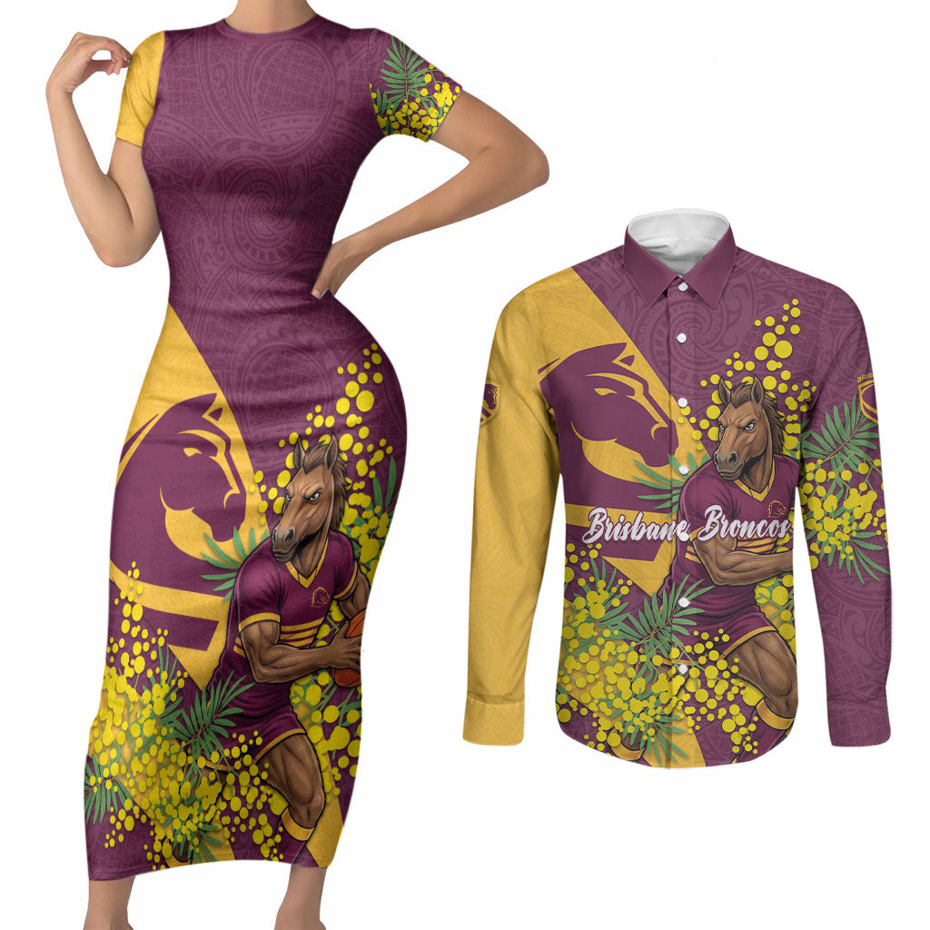 Brisbane Broncos Couples Matching Short Sleeve Bodycon Dress and Long Sleeve Button Shirt Golden Wattle Floral Polynesian - Australian Flower - Rugby Mascot