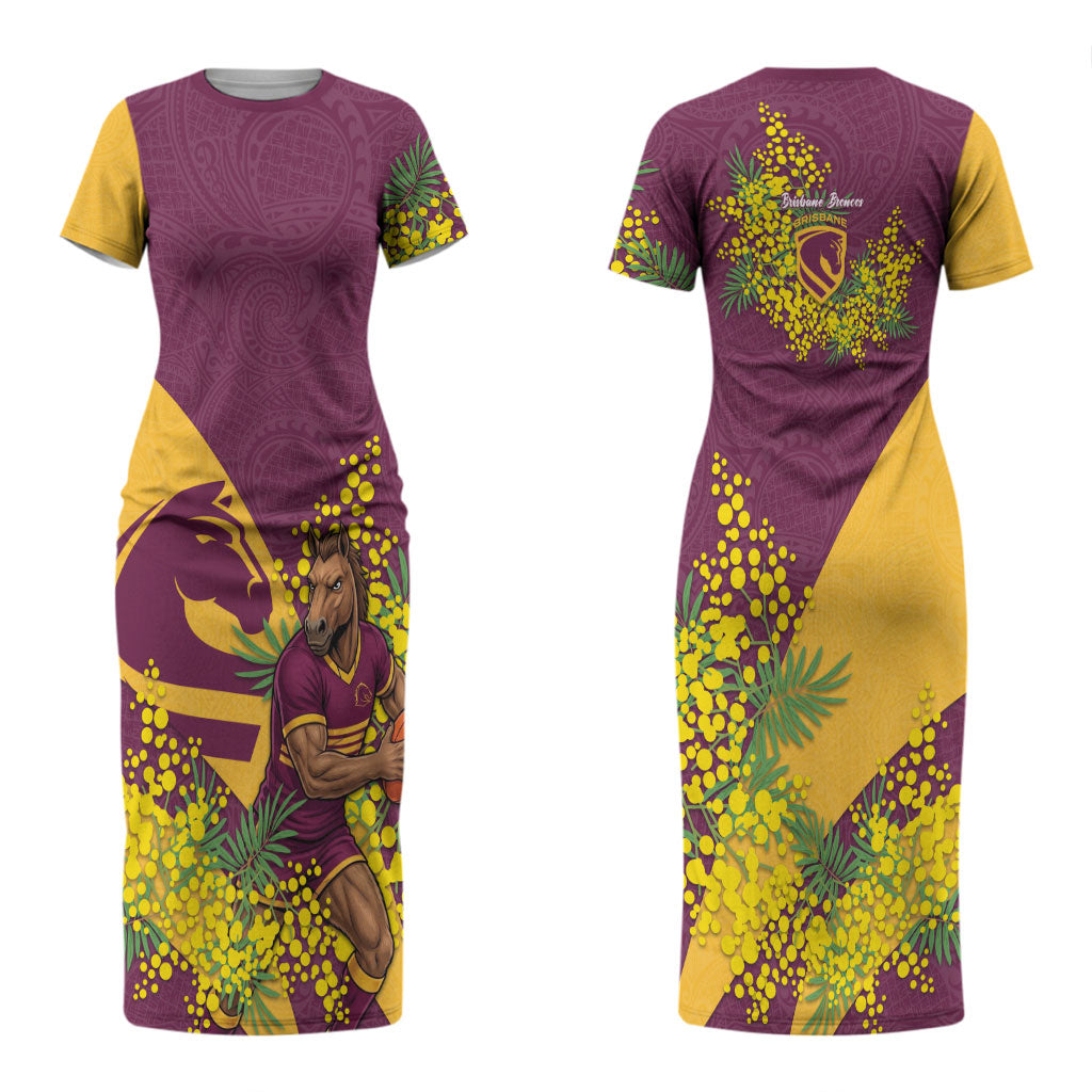 Brisbane Broncos Couples Matching Short Sleeve Bodycon Dress and Long Sleeve Button Shirt Golden Wattle Floral Polynesian - Australian Flower - Rugby Mascot
