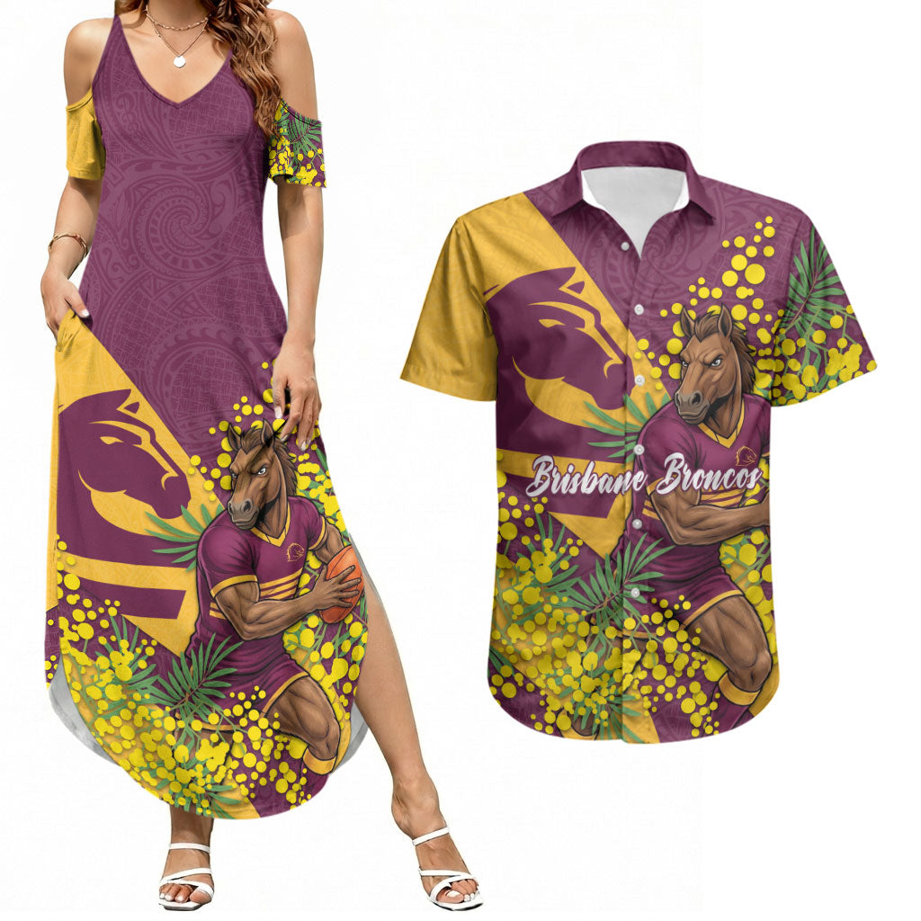 Brisbane Broncos Couples Matching Summer Maxi Dress and Hawaiian Shirt Golden Wattle Floral Polynesian - Australian Flower - Rugby Mascot