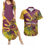 Brisbane Broncos Couples Matching Summer Maxi Dress and Hawaiian Shirt Golden Wattle Floral Polynesian - Australian Flower - Rugby Mascot