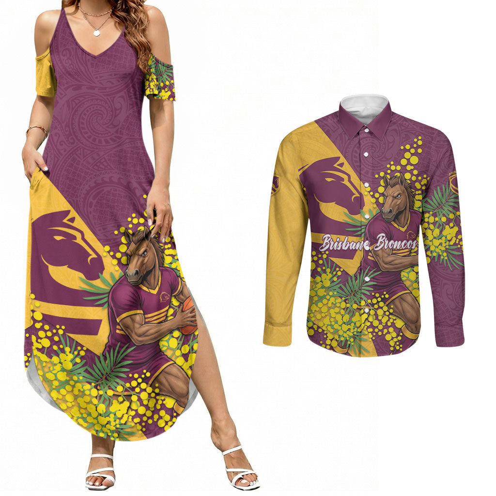 Brisbane Broncos Couples Matching Summer Maxi Dress and Long Sleeve Button Shirt Golden Wattle Floral Polynesian - Australian Flower - Rugby Mascot