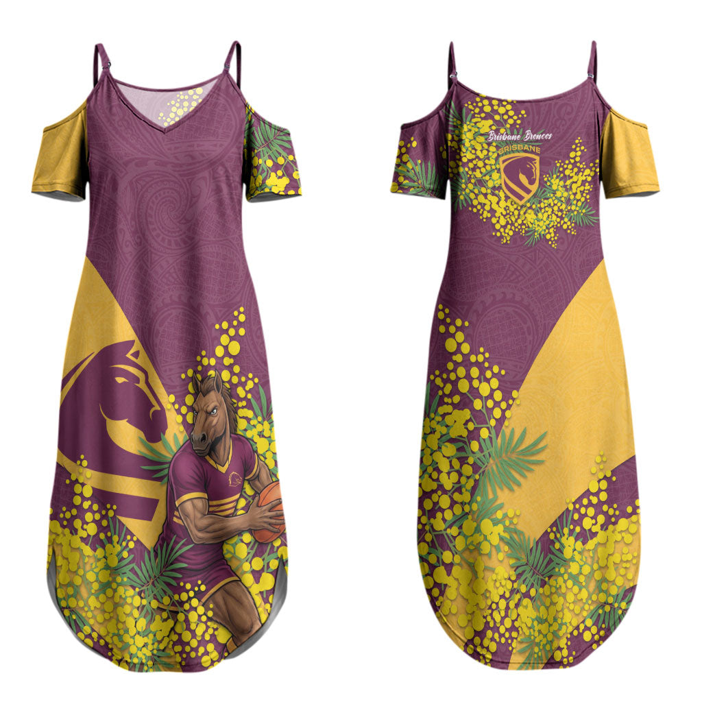 Brisbane Broncos Couples Matching Summer Maxi Dress and Long Sleeve Button Shirt Golden Wattle Floral Polynesian - Australian Flower - Rugby Mascot