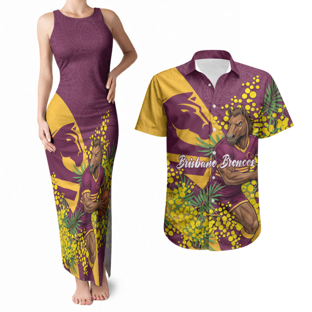 Brisbane Broncos Couples Matching Tank Maxi Dress and Hawaiian Shirt Golden Wattle Floral Polynesian - Australian Flower - Rugby Mascot